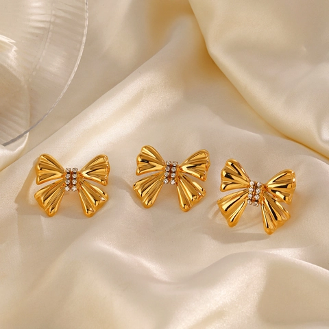 Bowknot Ohrringe Und Ring 18K Vergoldet Edelstahl Strahlend Vintage Retro Stil Schmuck