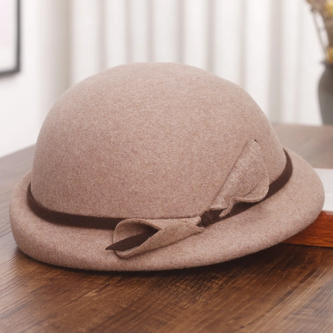 Vintage Women Wool Blend Beret Hat Elegant Rolled Edge Bow Felt Fedora Hat Warm Winter Autumn Painter Cap For Women Lady