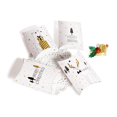 Cajas de Regalo de Navidad Blancas Cartulina Forma de Almohada Plegable Embalaje de Caramelos Cartón Dibujos Animados Oso Reno