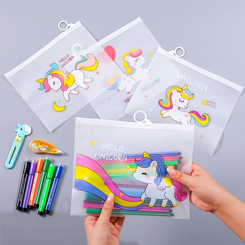 Cartoon Unicorn Storage Bag Frosted PEVA Waterproof Document Pouch Ring Zipper Organizer For Students Travel Stationery
