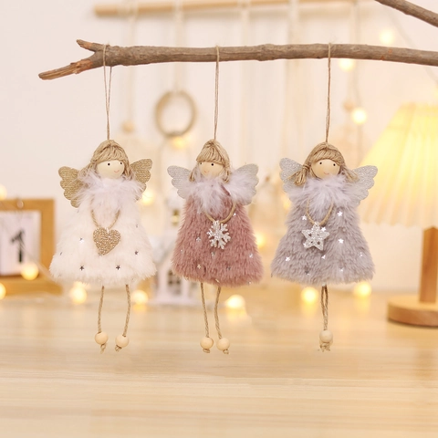 Ornamenti Appesi Bambola Angelo Di Natale Tessuto Peluche Piume Perline Di Legno Decorazione Albero Vacanze Stile Scandinavo Fatto Mano