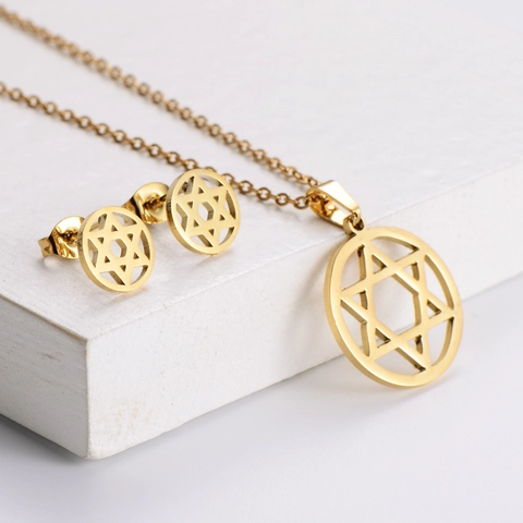 Star Of David Hexagramm Halskette Und Ohrstecker 316L Edelstahl 18K Vergoldet Hohl Rund Anhänger Schmuck Für Damen
