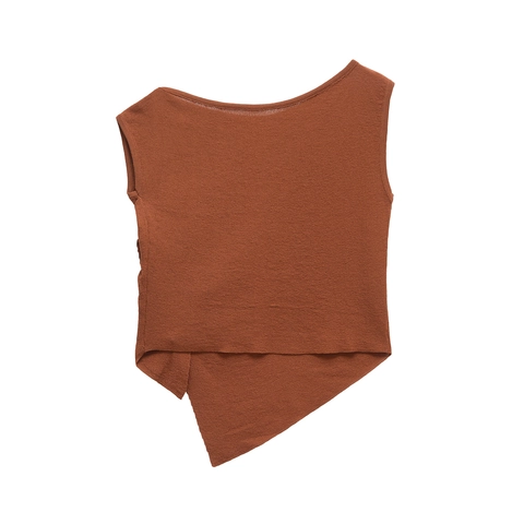 Damen Sexy Strick Trägershirt Asymmetrisch Gerafft Ärmelloses Shirt Mit Knöpfen Terrakotta Casual Sommer Rundhals Top