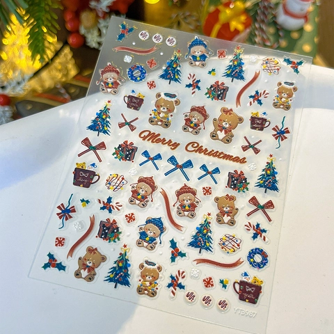 Autocollants Ongles 3D Relief Noël Gaufré Ours Dessin Animé Sapin De Noël Nœud Adhésif Manucure Décoration Pour DIY Ongles