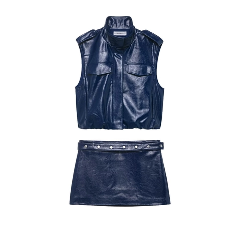 Damen Glänzende Kunstleder Weste Und Minirock Streetwear Nietengürtel Dunkelblau Ärmellose Weste Mode