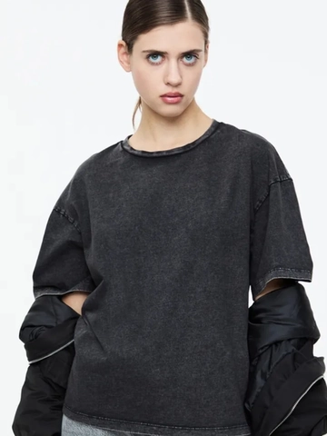 T-Shirt Oversized Donna Retro Lavato Distressed Puro Cotone Heavyweight Girocollo Spalle Cadenti Top Casual Ampio