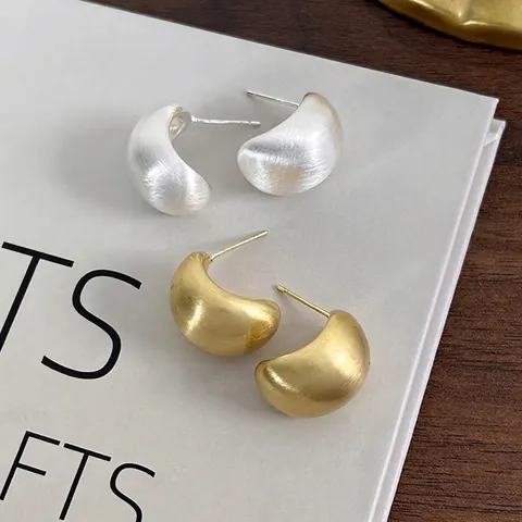 Matte Brushed Bean Stud Earrings With 925 Sterling Silver Earring Post Brass Geometric Minimalist Jewelry For Women