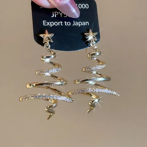 Christmas Tree Spiral Stud Earrings Gold Plated Copper Zircon With Silver Earring Post Star Elegant Festive Jewelry