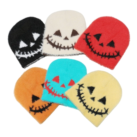 Halloween Strickmütze Beanie Flauschiges Nerzimitat Kürbis Totenkopf Gesicht Warm Winter Kostüm Damen Herren
