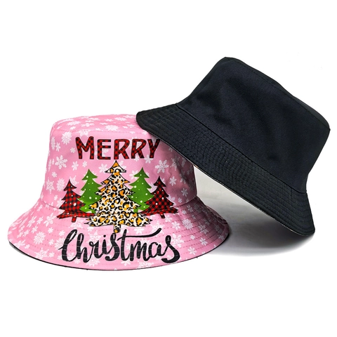 Kerst Vissershoed Polyester Sneeuwvlok Kerstboom Print Zonbescherming Vakantie Emmer Hoed Voor Dames