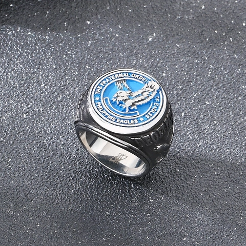 Men Signet Ring Stainless Steel Blue Enamel Eagle Vintage Fraternity Retro Punk Jewelry Accessory