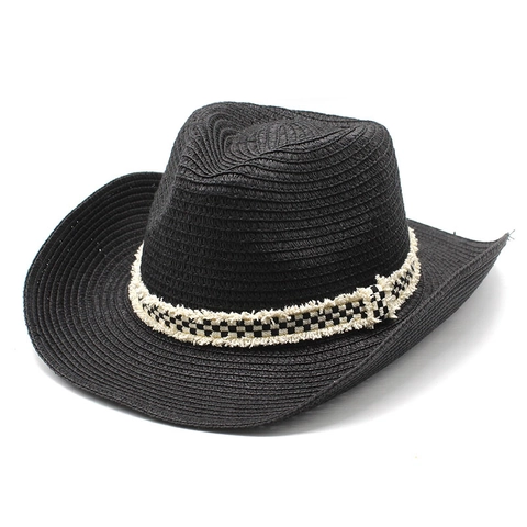 Cappello di Paglia Cowboy Nastro a Scacchiera Tesa Larga Protezione Solare Spiaggia Fedora per Donna Uomo Estate Viaggio Jazz