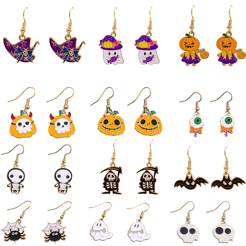 Halloween Emaille Hängeohrringe Legierung Cartoon Kürbis Geist Fledermaus Spinne Skelett Neuheit Schmuck