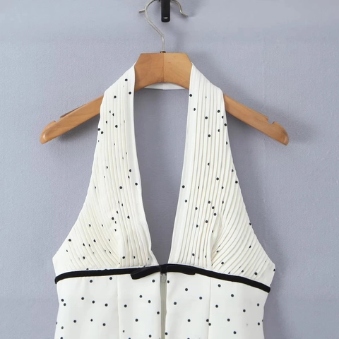 Abito da Donna a Pois Scollo all'Americana Retro Nero Bianco Profondo Scollo a V Schiena Scoperta Mini Abito a Trapezio Con Fiocco Moda Festa Estiva