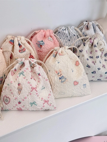 Drawstring Storage Bag Polyester Seersucker Texture Cartoon Animal Print Portable Travel Cosmetic Pouch Toiletries Organizer