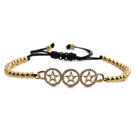 Adjustable Star Charm Bracelet Copper Gold Plated With Zirconia Hollow Round Pendant Handmade Braided Rope Jewelry Women