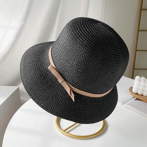 Women Straw Bucket Hat Woven Sun Protection Beach Summer Cap Ribbon Bow Decor Elegant Packable Breathable Short Brim