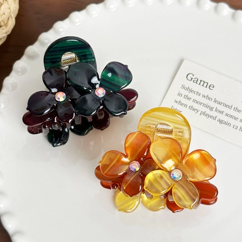 Elegant Flower Hair Claw Clip Acetate Floral Shark Clip Jelly Color Rhinestone Hair Accessories For Women