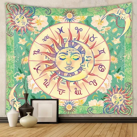 Arazzo Da Parete Bohémien Sole Luna Zodiaco Astrologia Mistico Poliestere Tessuto Appeso Per Decorazione Camera Da Letto E Soggiorno