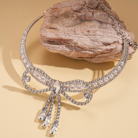 Rhinestone Imitation Artificial Pearl Bow Tassel Choker Necklace Copper Elegant Double Layer Wedding Party Jewelry For Women