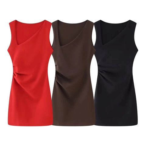 Women Sleeveless V Neck Ruched Mini Dress Polyester Solid Color Slim Fit Elegant Fashion Bodycon Party Dress