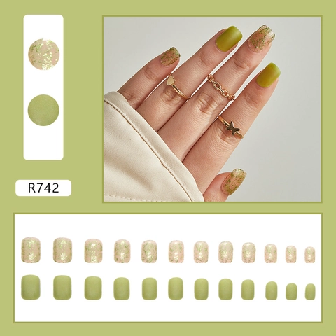 Matte Green Press On Nails Glitter Shiny Sage Olive False Nails Square Short Plastic Ins Style For Women