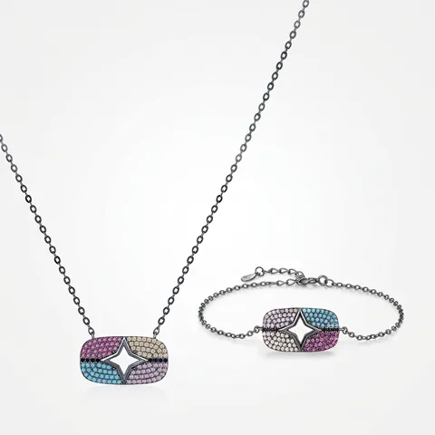 925 Sterling Silver Necklace And Bracelet Jewelry Collection Hollow Star Multi Color Cubic Zirconia Black Plated Women