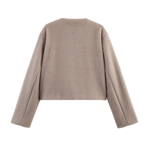 Women Casual Solid Color Short Plush Jacket Round Neck Single Breasted Long Sleeve Faux Fur Coat Camel
