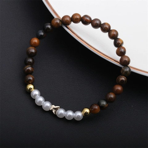 Bracciale Di Perline Pietra Occhio Di Tigre Perla Artificial Sintetica Rame Cuore Croce Stella Farfalla Gioielli