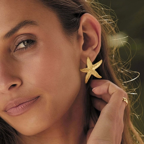 Starfish Shell Earrings 18K Gold Plated Stainless Steel Waterproof Hypoallergenic Ocean Style Stud Jewelry For Women