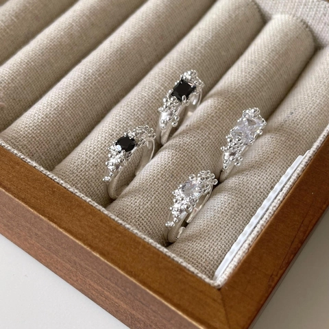 Rectangular Zircon Ring 925 Sterling Silver Irregular Bubble Texture Geometric Minimalist Adjustable Finger Jewelry Women