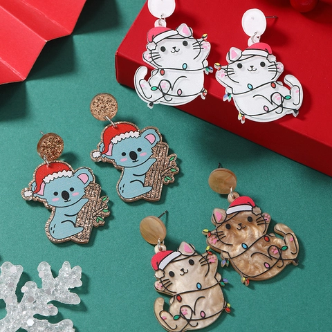 Acrylic Christmas Dangle Earrings Cartoon Cat Koala Santa Hat Glitter Festive Jewelry With Stainless Steel Earring Post