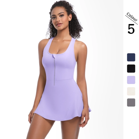 Dames Tennisjurk Mouwloos Rits Voor Racerback Uitlopende Rok Nylon Spandex Sport Jumpsuit Ademend Yoga Fitness