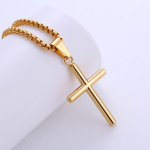 Minimalist Cross Pendant Necklace 18K Gold Plated 316L Stainless Steel Religious Polished Smooth Jewelry