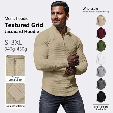 Men Partial Zip Sweatshirt Waffle Knit Jacquard Checkered Stand Collar Long Sleeve Casual Sport Top
