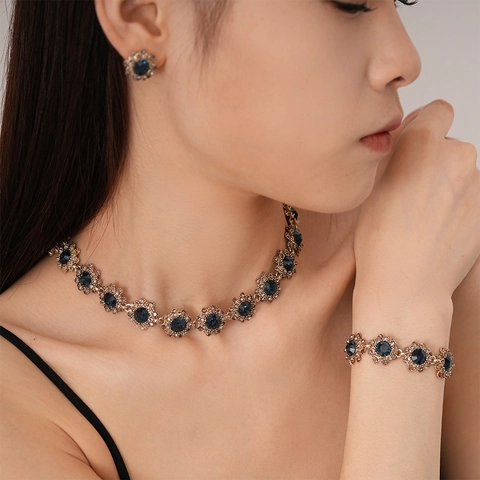 Gioielli Floreali Vintage Donna Collana Bracciale Silver Earring Post Lega Strass Fiore Lusso Catena Da Clavicola