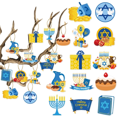 Happy Hanukkah Decorazioni Per Feste Etichette Carta Ornamenti Da Appendere Menorah Stella Di Davide Dreidel Motivi Tema Blu Oro