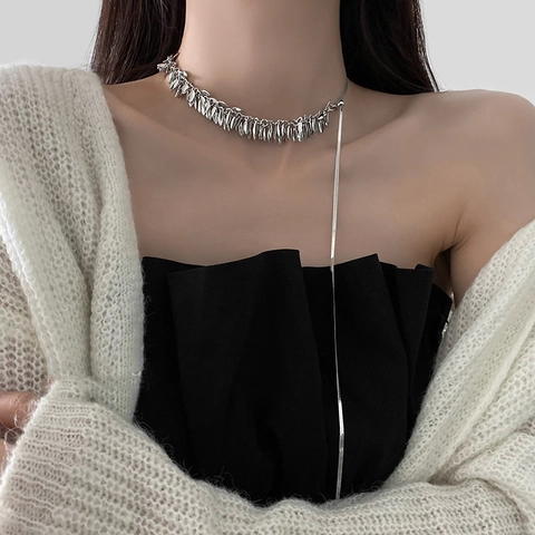 Silver Alloy Wheat Ear Leaf Tassel Necklace Snake Bone Clavicle Chain Minimalist Sweet Cool Jewelry For Women