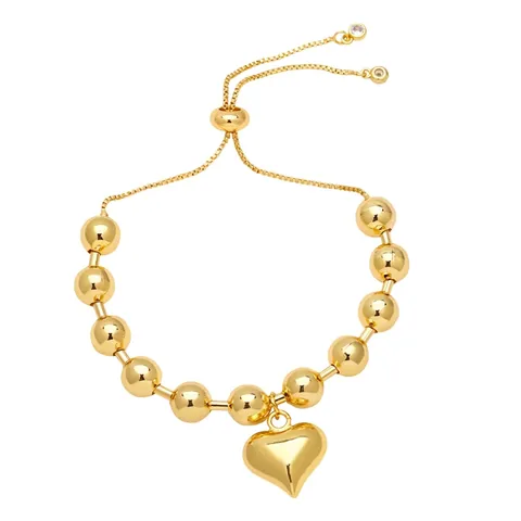 Minimalist Heart Pendant Beaded Bracelet 18K Gold Plated Copper Adjustable Fashion Jewelry For Women