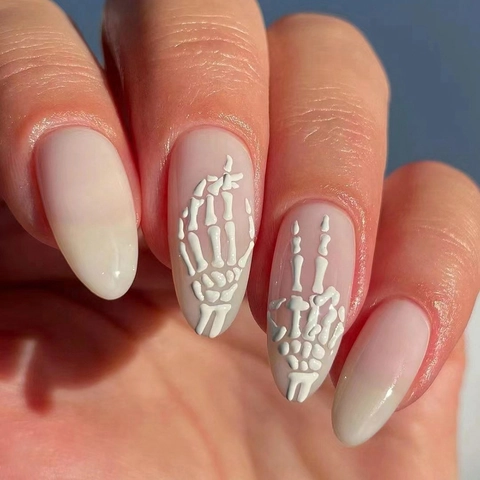 Halloween Press On Nails 3D Embossed White Skeleton Hand Bone Almond Fake Nails Milky White Gothic For Women