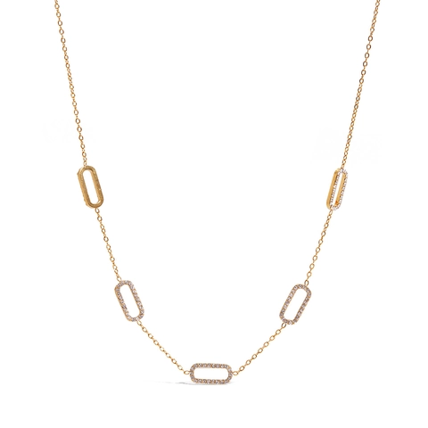 Double Layer Necklace 18K Gold Plated Stainless Steel Snake Chain Rectangular Oval Zircon Pendant Waterproof Hypoallergenic