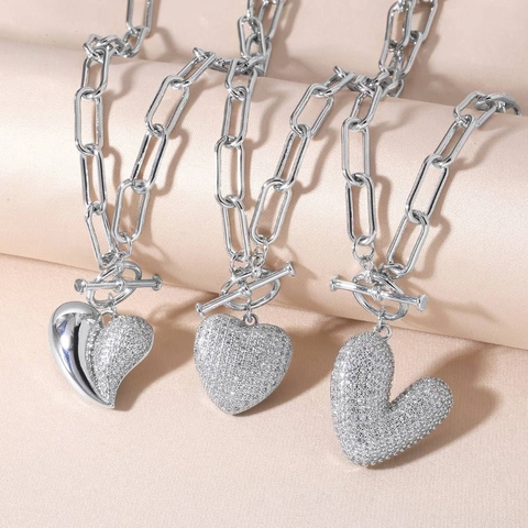 Fashion Copper Zirconia Heart Pendant Necklace For Women Silver Color Paperclip Chain Heart Toggle Clasp Necklace Jewelry