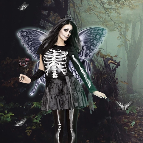 Gothic Skeleton Butterfly Wings And Flower Headband For Halloween Cosplay Costume Party Adult Dark Fairy Accessories