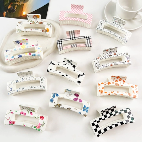 Hair Claw Clips Plastic Rectangular Hollow Strong Hold Printed Checkerboard Floral Halloween Christmas For Women Girls Fashionable
