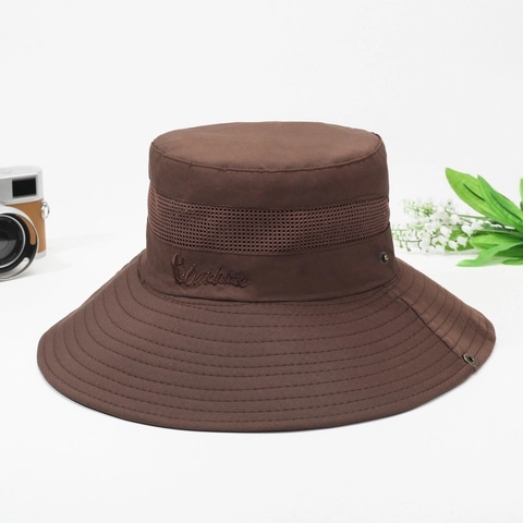 Men Outdoor Sun Protection Bucket Hat Breathable Mesh Wide Brim Fisherman Hat With Adjustable Chin Strap Windproof