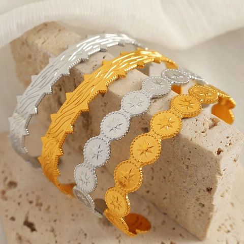 Roestvrijstalen Open Armring Voor Dames Verstelbaar Bladtextuur Ster Gegraveerd Geometrische Mode Sieraden