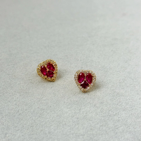 Hartvormige Rode Zirkonia Knop En Ring Oorbellen Ketting Koper Verguld Franse Stijl Sieraden Voor Vrouwen