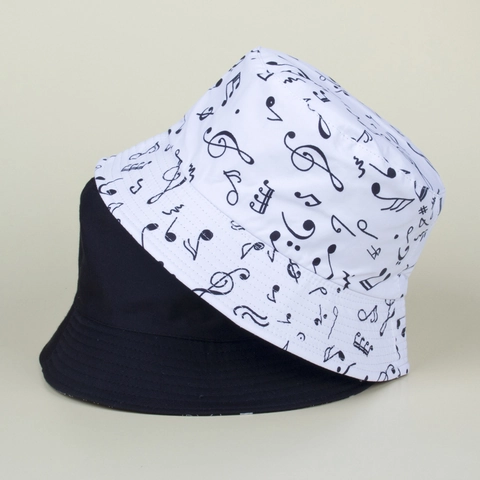 Music Note Print Bucket Hat Cotton Canvas Sun Protection Outdoor Beach Travel Casual Flat Top Short Brim Unisex