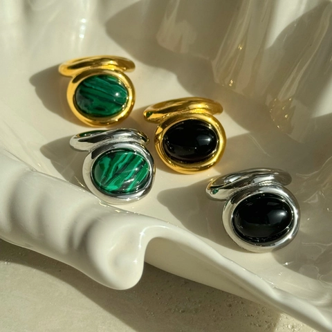Anello Vintage Grosso In Acciaio Inossidabile Placcato Oro 18K Cabochon Ovale Malachite Agata Nera Corniola Rossa Gioielli Per Donne
