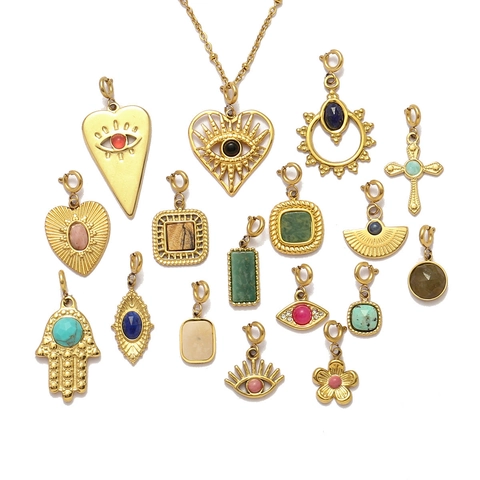 Edelstahl Anhänger Mit Naturstein Böser Blick Hamsa Hand Herz Kreuz Für DIY Schmuckherstellung Vintage Böhmisch